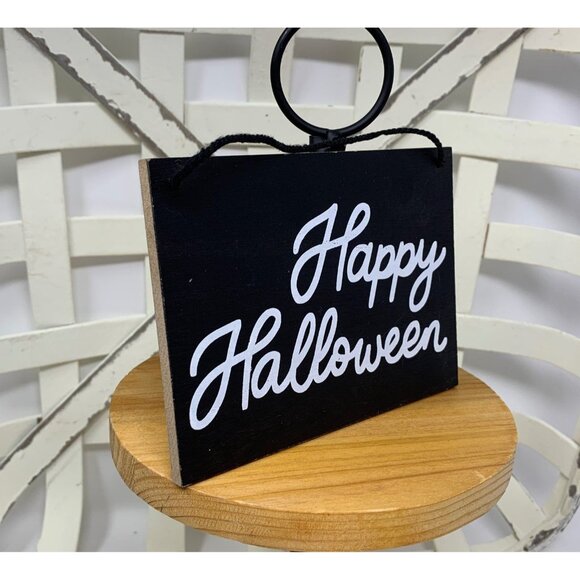 Happy Halloween Mini Wood Sign 5 inch Decor New Black White Kitchen Tiered Tray - Picture 2 of 2